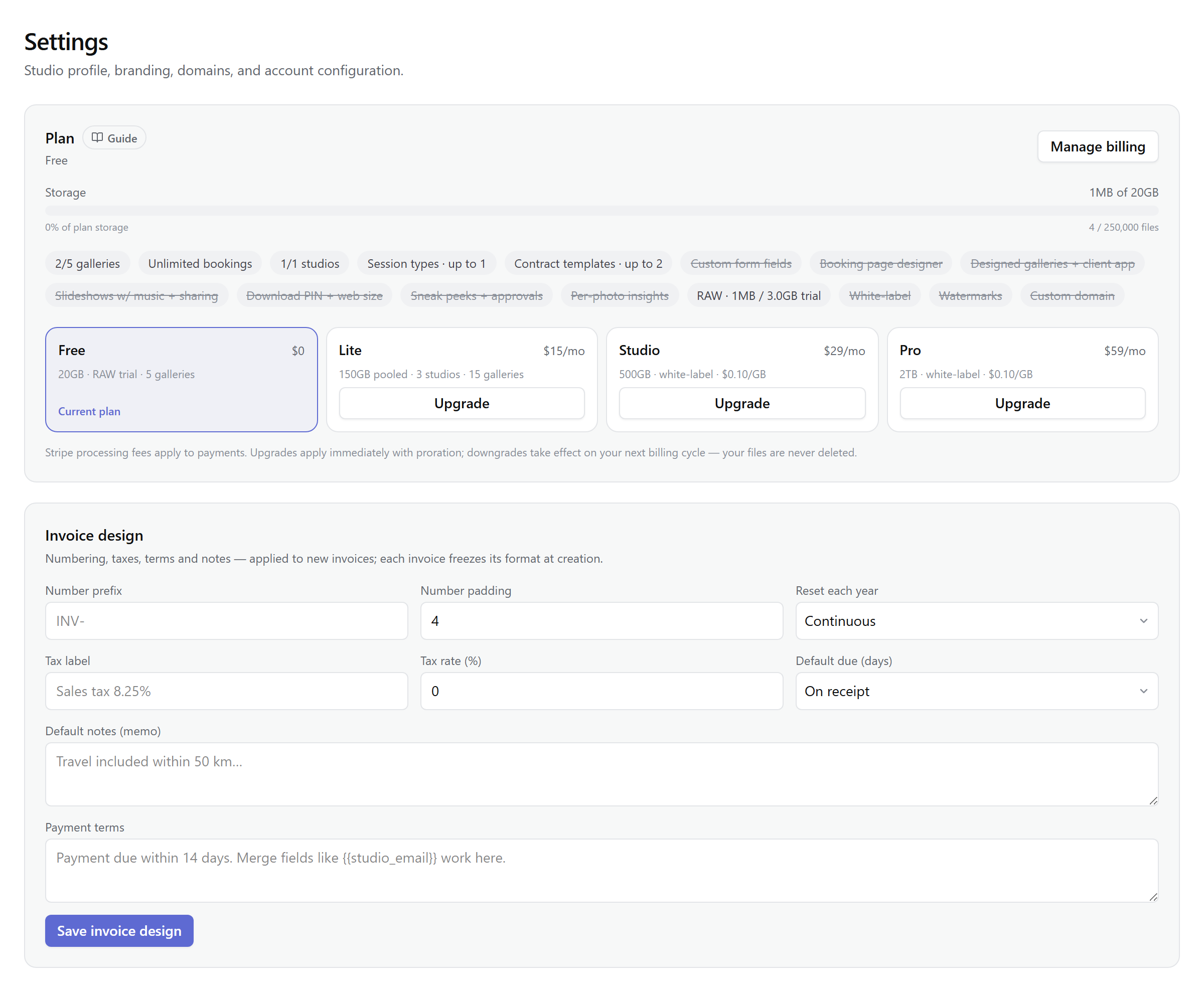 Settings → Billing: the current plan, live storage usage against the cap, and the plan cards.