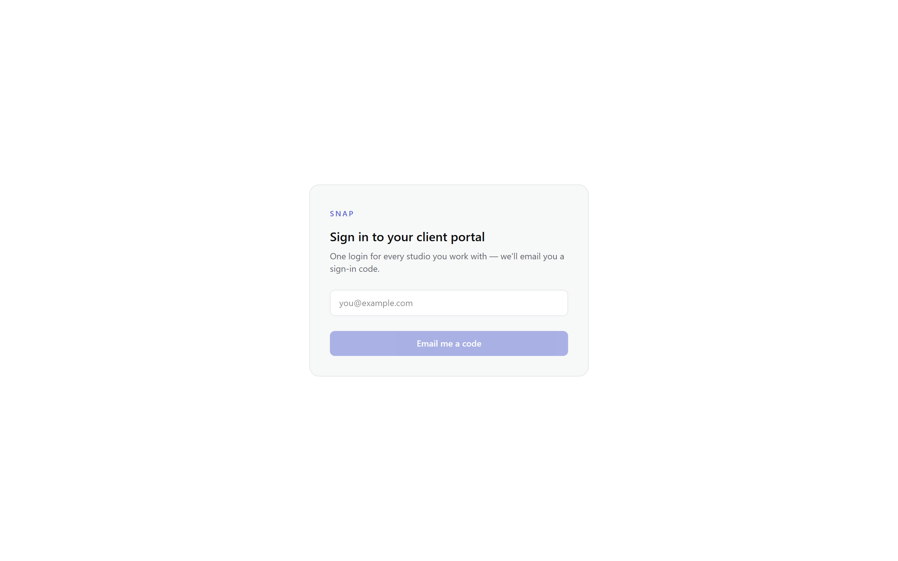 The client portal: one card per studio with project, booking and gallery counts, and the client's projects listed beneath.