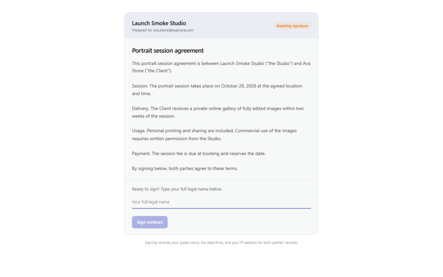 The public signing page — the contract body, an Awaiting signature badge, and the typed-name sign form.