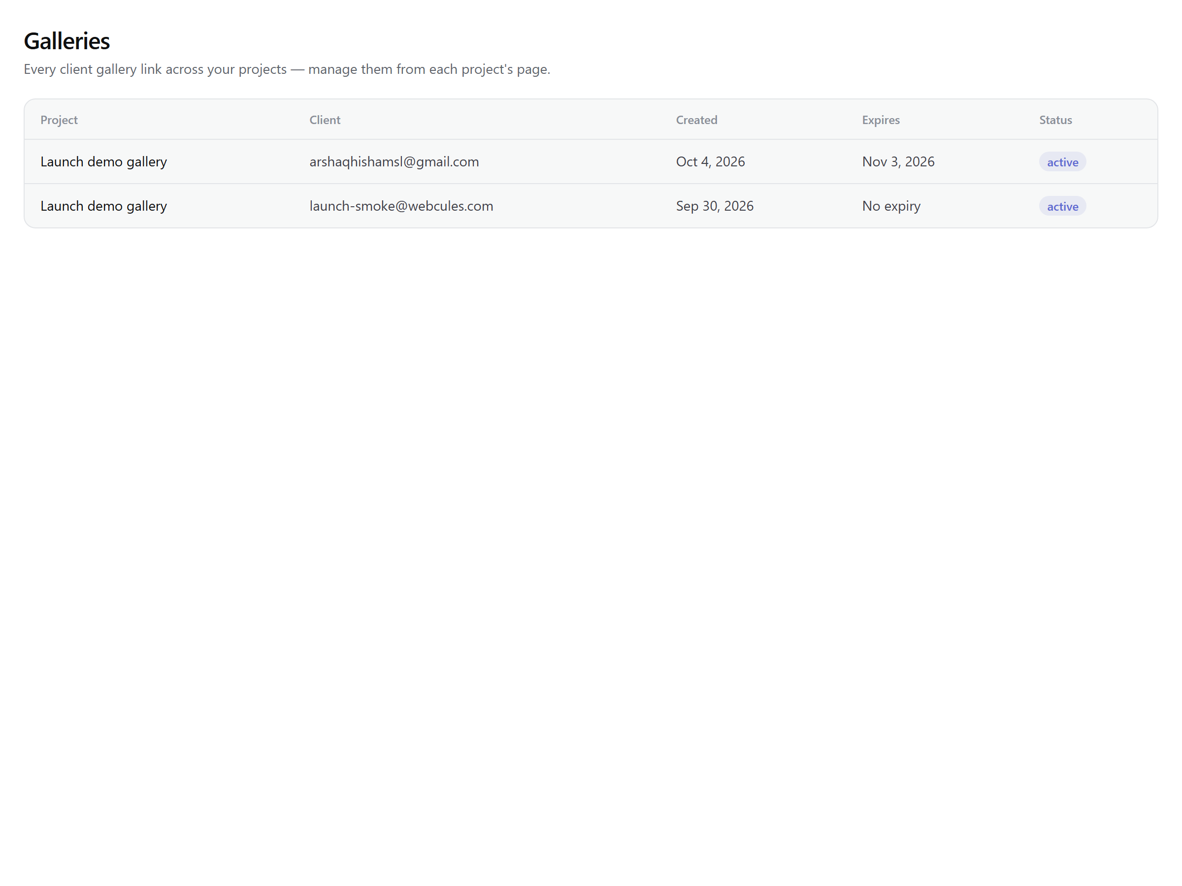 The dashboard Galleries page — every client gallery link with its project, client, dates, and a status chip like Active or Expiring soon.