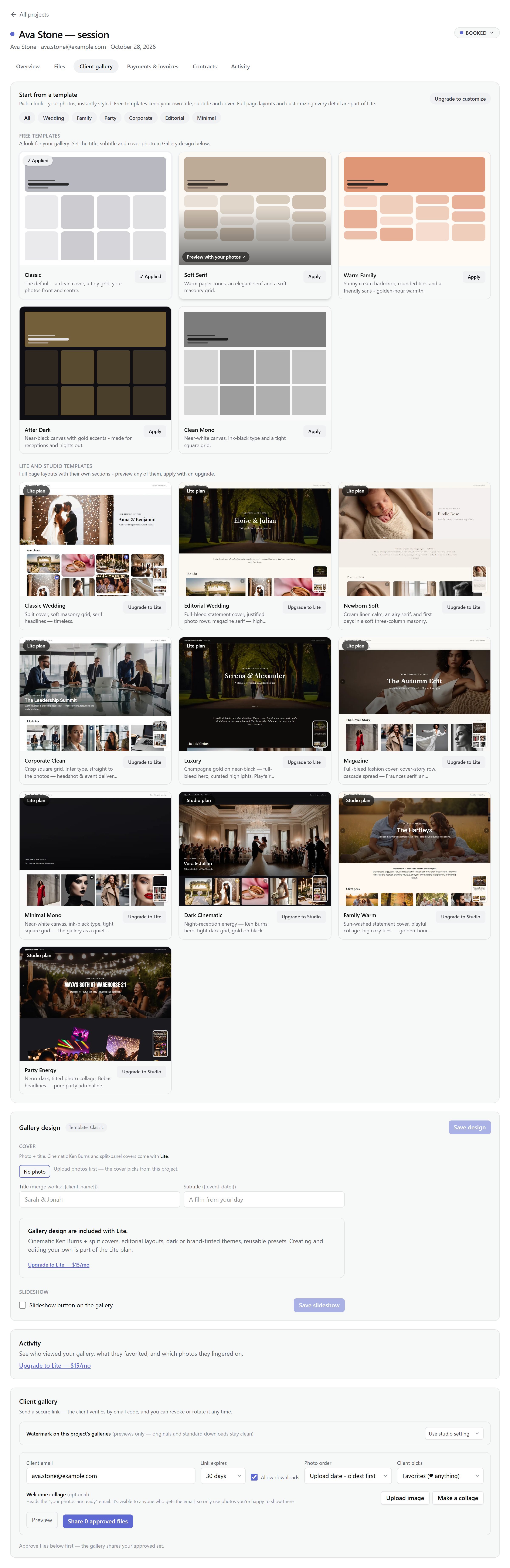The gallery designer's live preview — the Films section toggle sits alongside the slideshow and layout controls; the preview shows how the gallery renders for the client.