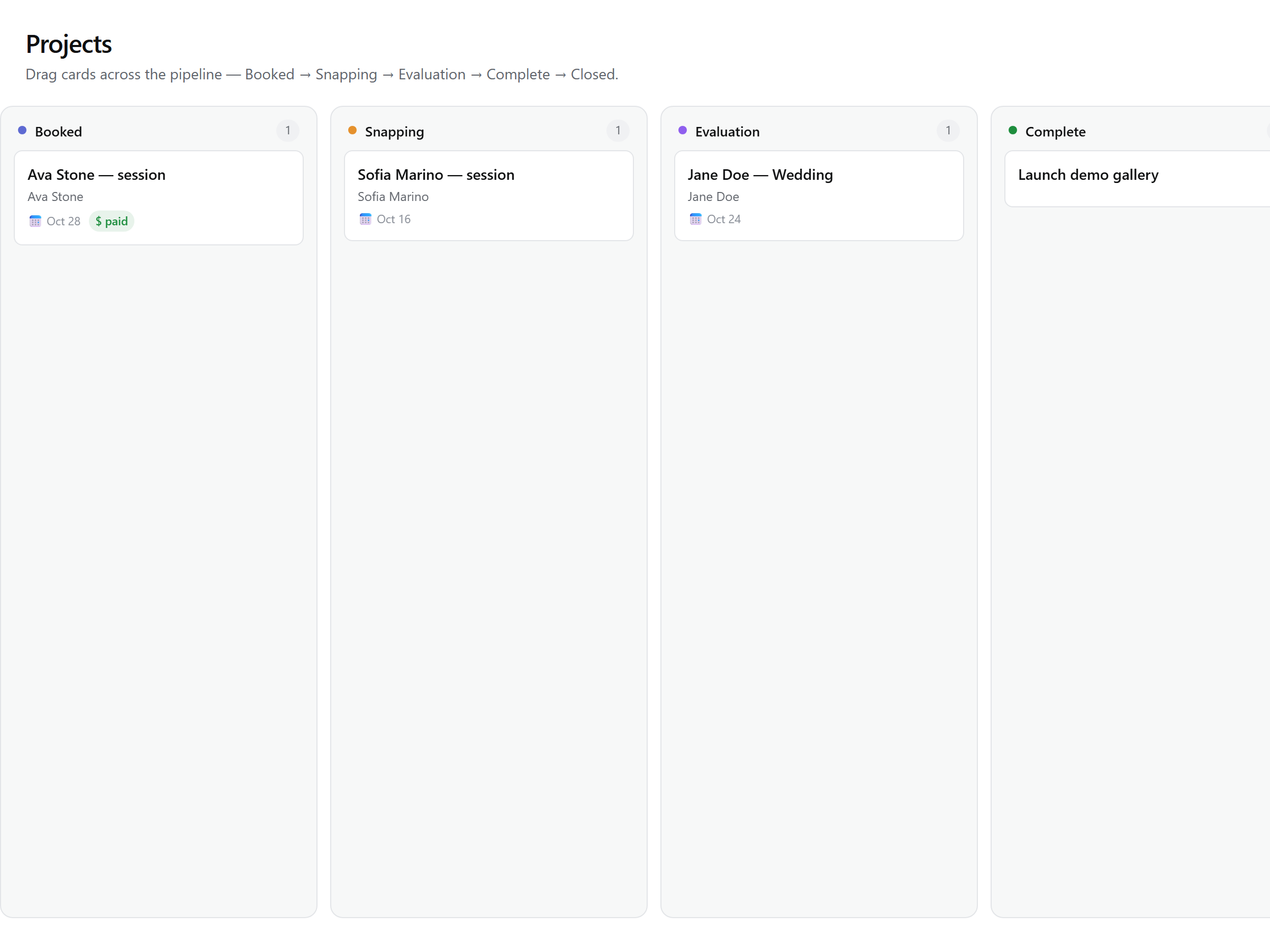 The projects kanban board — six status lanes from Booked to Canceled, with draggable project cards.