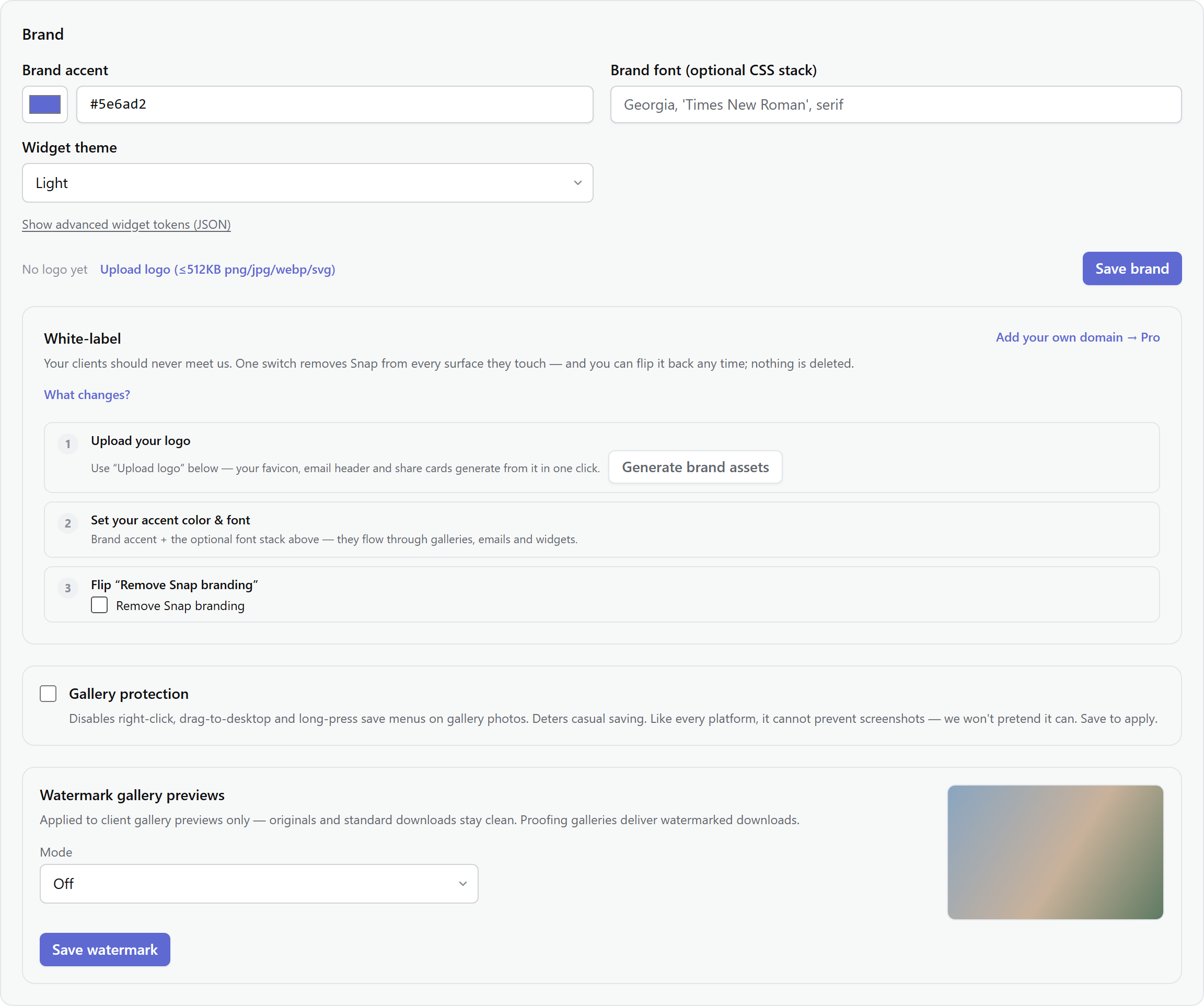 The Watermark card in Settings → Brand — corner/tiled/text mode picker, opacity, scale and margin sliders, and a live canvas preview of the mark on a sample photo.