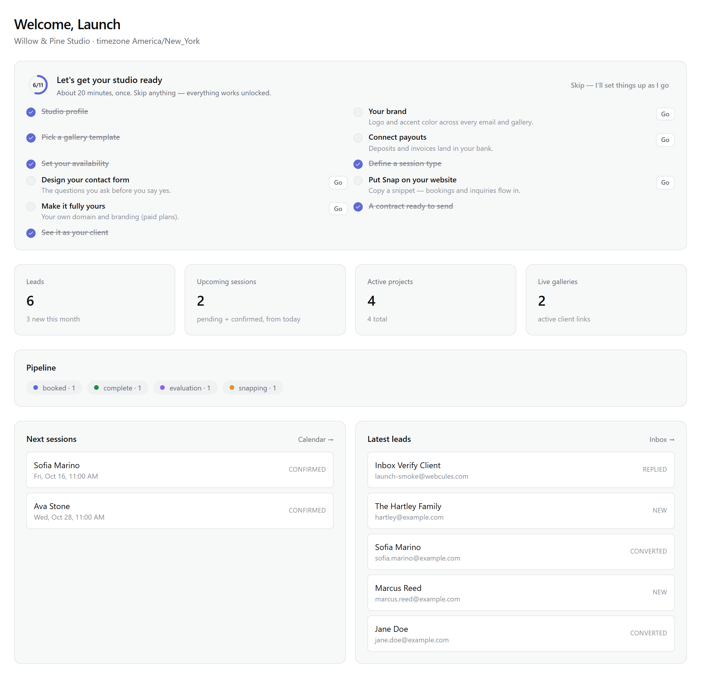 The Snap dashboard Overview page — studio stats, the setup guide checklist, and recent leads and projects.