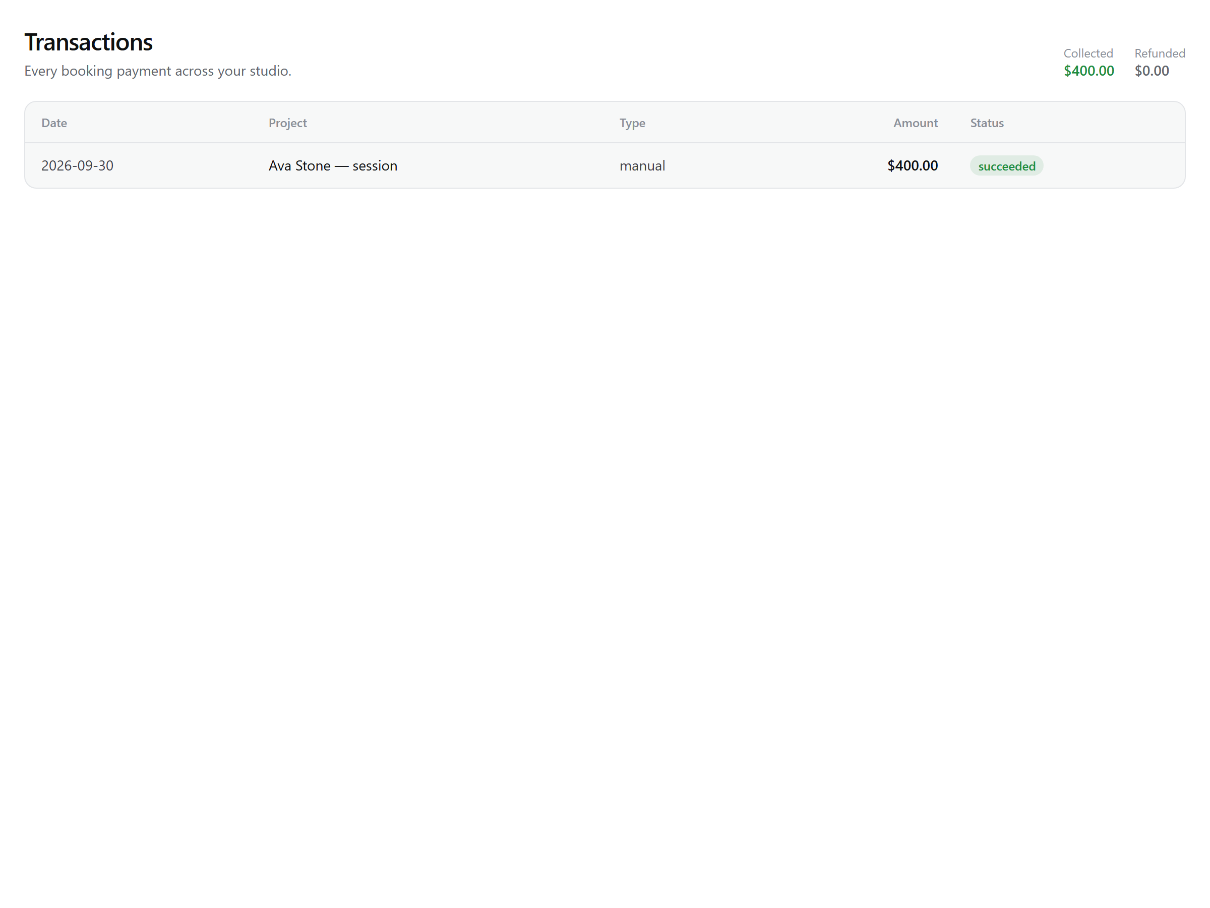 The Transactions page: collected and refunded totals above a table of payments with date, project, type, amount, and status.